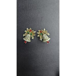 Christmas Bell Clip On Earrings Dangle Drop Enamel Rhinestone Gold Tone Multi
